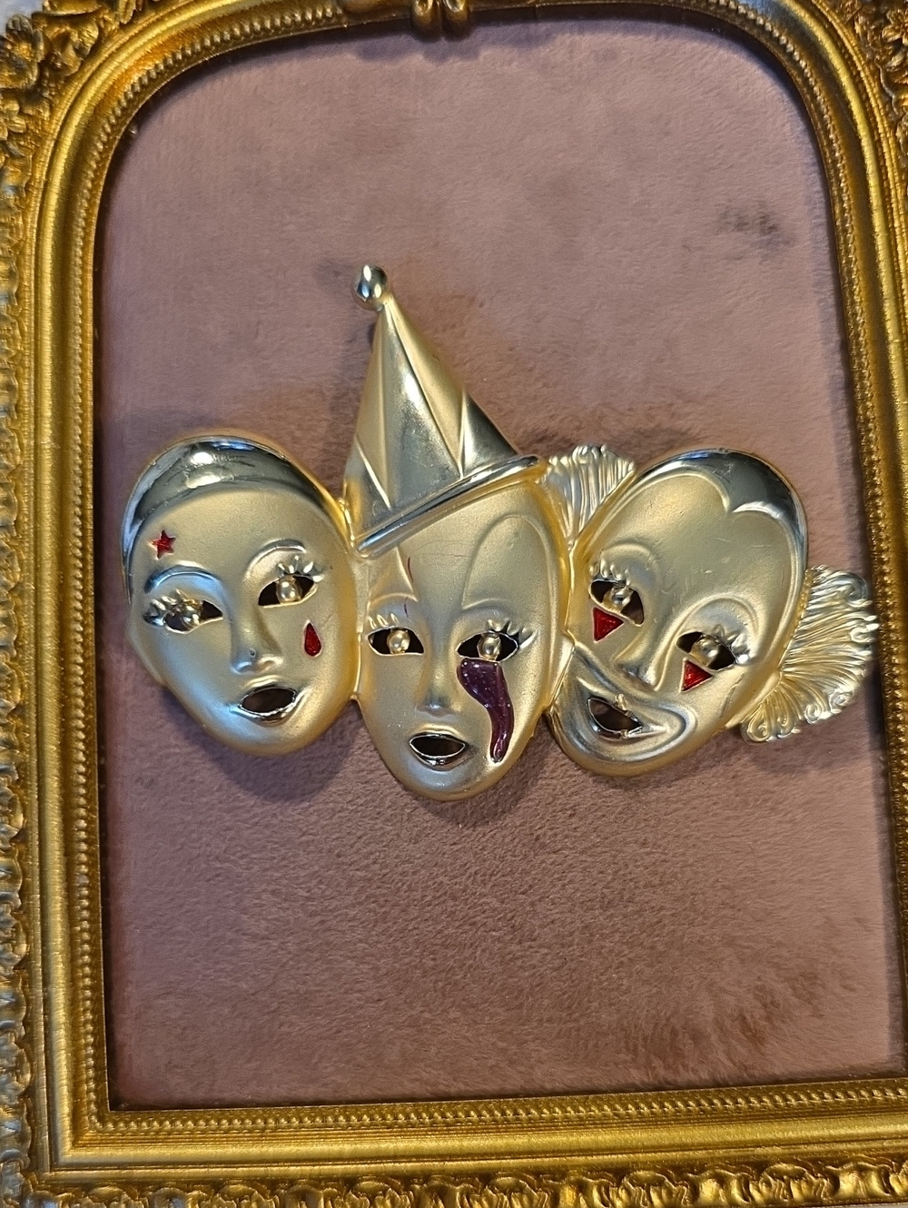 Vintage AJC 1980s Triple Clown Mask Brooch Statement Pin